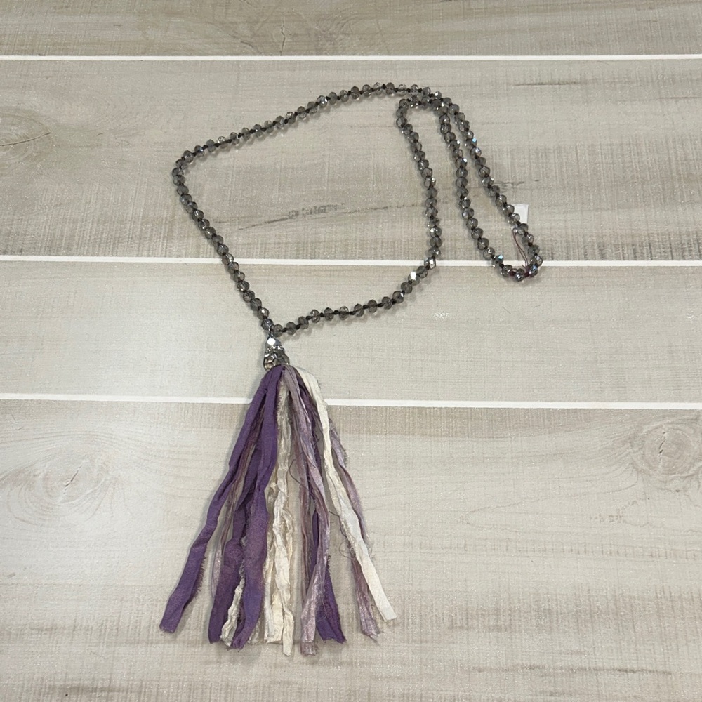 Chic Beaded Necklace with Purple and Cream Tassel